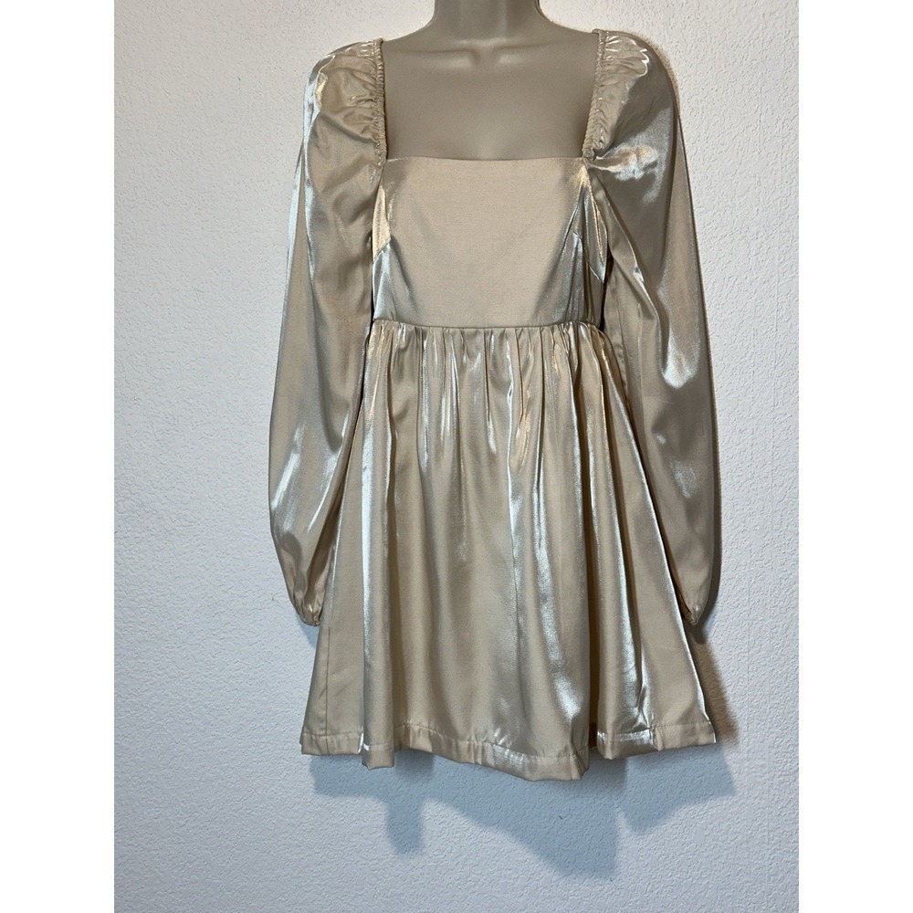 Lalavon Womens Mini Dress Long Sleeve Size M Gold Shimmer Cocktail Event Holiday